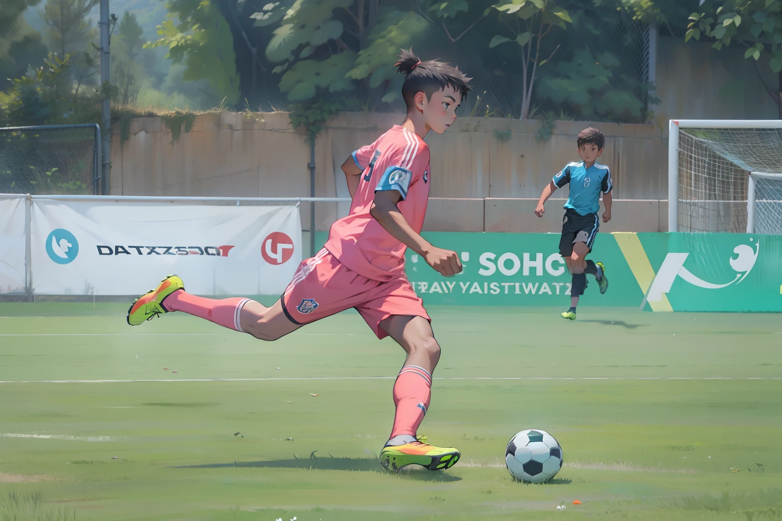 A boy is playing soccer,soccer court