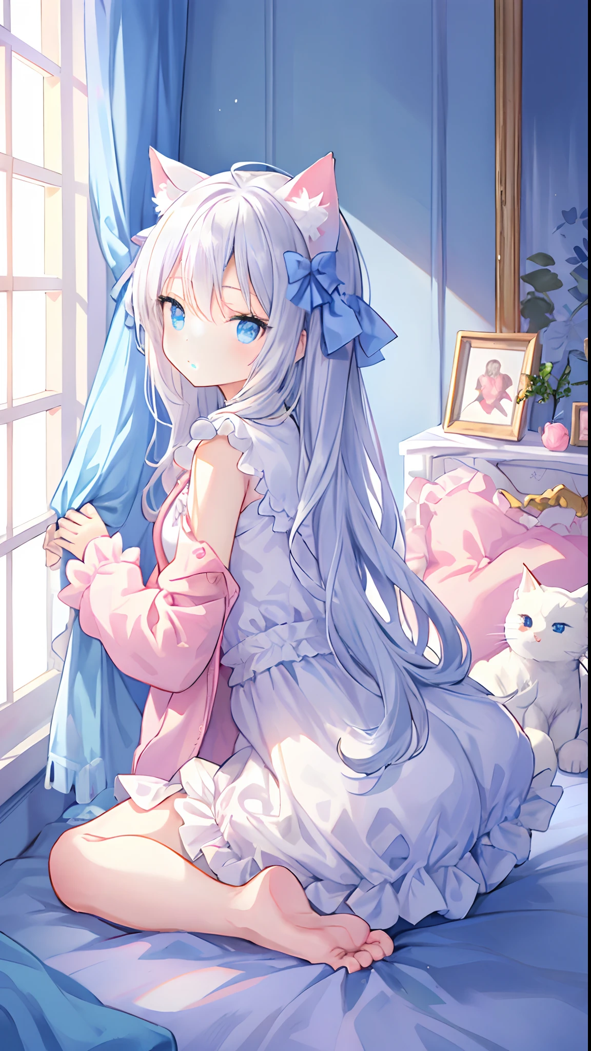 Beautiful illustration, of the highest quality, Cute Girl, Bedroom, Pastel colors, fluffy cat ears, Petite, Long silver hair, Kneel down and look back, Cat posing staring at camera, Bright lighting, bright light blue eyes