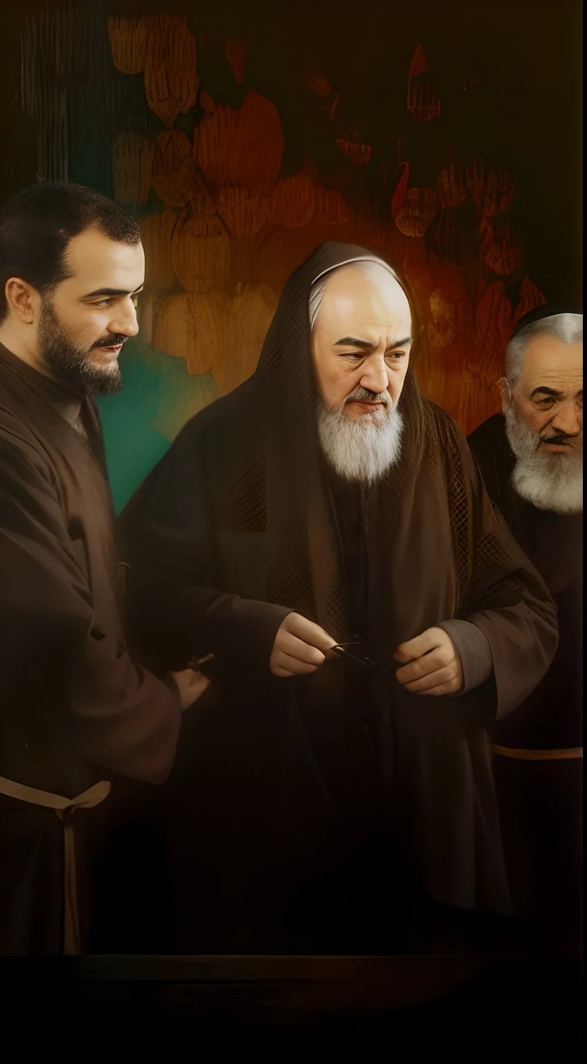 Imagem realista de Padre Pio com roupas castanhas, imagem realista de Padre Pio, Padre Pio e mais dois frades capuchinhos de roupas castanhas, foto realista de Padre Pio, 1940, detalhes historicamente precisos, Padre Pio, Cinematic