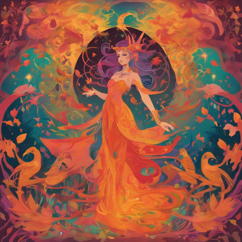 (magical,enchanted,ethereal)forest,witch queen,autumn colors,detailed leaves,floating magic orbs,spells casting,creatures,summoning,glowing,(mysterious,otherworldly) atmosphere,(powerful,commanding) presence,(beautiful,ethereal) queen,flowing robe,leaves and vines entwined hair,enchanted staff,spellbinding,translucent wings,flickering candlelight,moonlit sky,mystical aura,whispering winds,endless mist,enchanted creatures,crows and ravens,(mythical,fantastical)beings,dancing fireflies,sparkling fairy dust