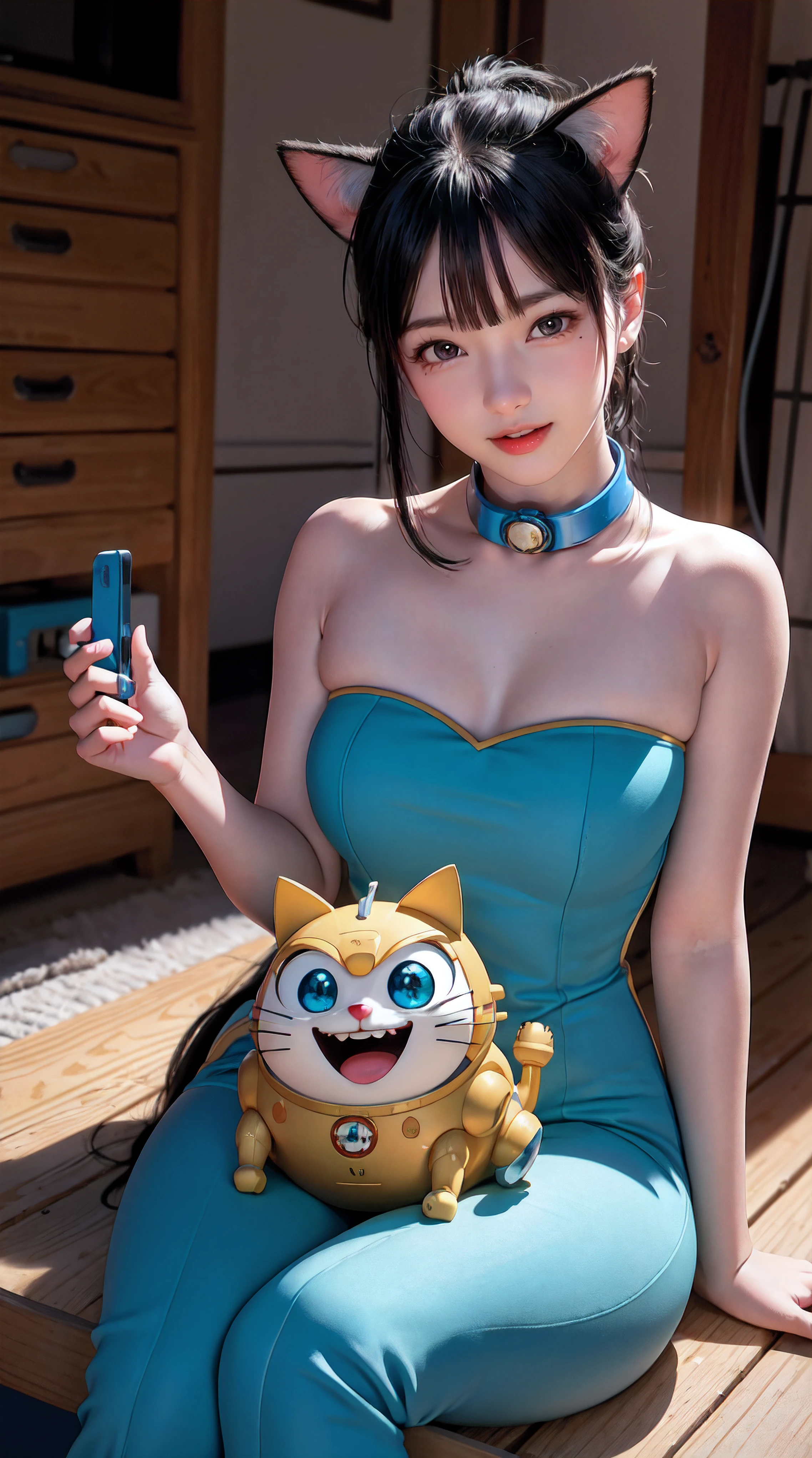 Doraemon,illustration,robot friend,cartoon,mascot,unique appearance,blue body,nobita's best friend,nobita,playful expression,big round eyes,bell around the neck,magical pocket,tools from the future,helpful character,flying ears,future technology,colorful world,fun adventures,
(best quality,4k,8k,highres,masterpiece:1.2),ultra-detailed,(realistic,photorealistic,photo-realistic:1.37),
vibrant colors,nostalgic,happy atmosphere,childhood memories,Japanese anime,portable time machine,robot cat,comedy,
endless gadgets,innovative inventions,future gadgets,cute and lovable character,memorable theme song,enjoying snacks,
joyful moments,time travel,moral lessons,kind-hearted character,hilarious moments,warm-hearted stories,main protagonist,
wide-eyed wonder,fantastical world,imaginative storytelling,adorable character designs,
