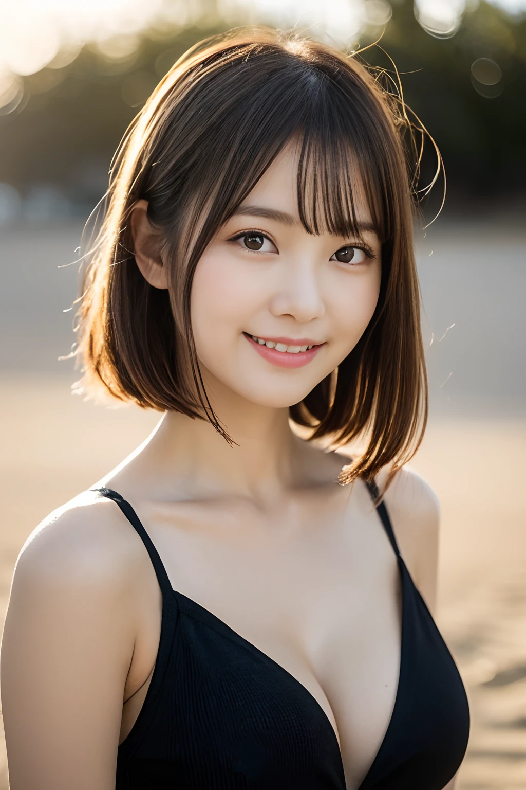 all-fours、((Close-up of the upper body only))、(realisitic、Photorealsitic、ultra-detailliert、Highest Details Skins、top-quality、masterpiece、超A high resolution)、Cute Japan Woman、18year old、hi-school girl、younggirl、1 girl in、I have bangs、二重まぶた、drooing eyes、Large black eyes、Japanese style face、Cute smile、Charming、purity、Straight face、double tooth、View here、Realistic skin type、the beach、The bikini、short-cut、Wheat-toned skin、cleavage of the breast、Evening glow、early evening、the setting sun