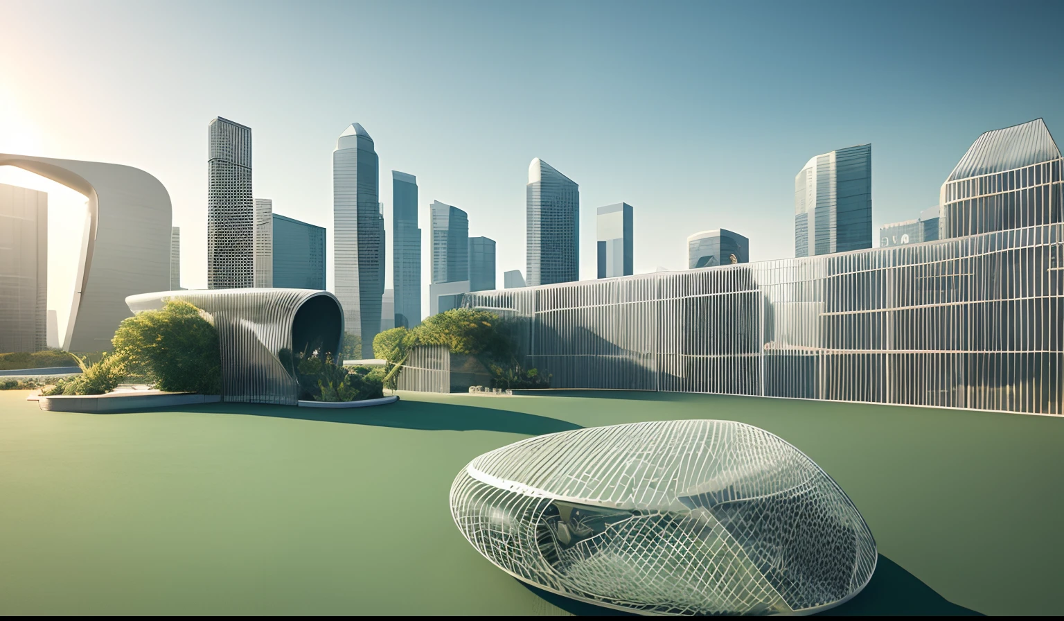 outside,There is a silver building, mesh structure, 3 d mesh, 3d cell shaded, parametric structure, monochrome 3 d model, Metal Materials,,Abandoned futuristic city,Plant greenery,Exquisite scenes,Skysky,baiyun,The sun shines,green floor,Linjiang