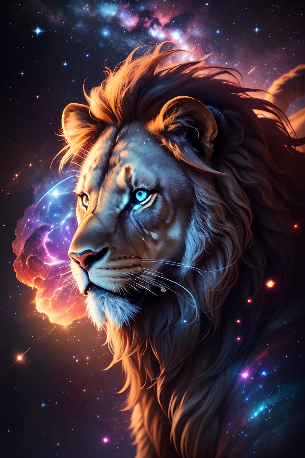 a photograph Galaxies, spirals, space, nebulae, stars, smoke, iridescent, intricate detail, in the shape of a lion, octane rendering, 8k hyper realistic, realistic texture, unreal natural lighting engine, cinestill 800, (35mm lens)