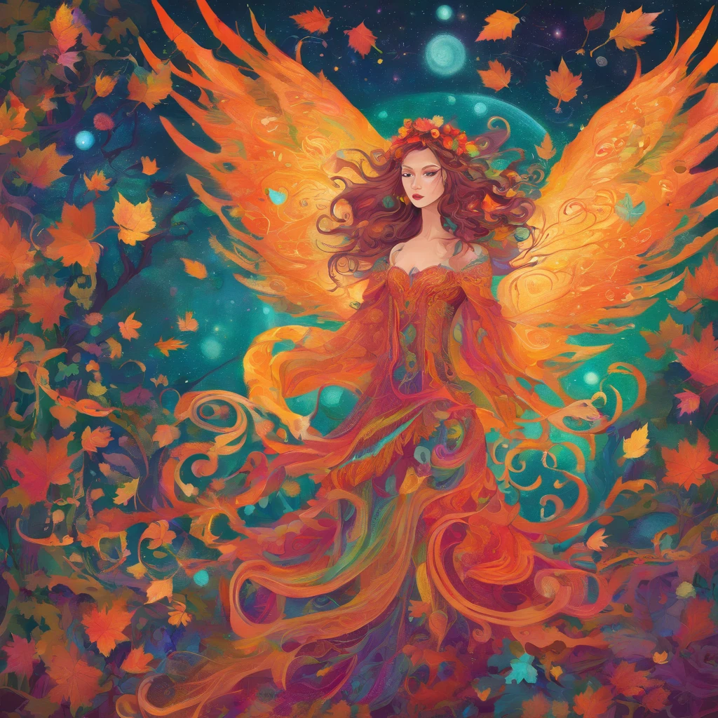 (magical,enchanted,ethereal)forest,witch queen,autumn colors,detailed leaves,floating magic orbs,spells casting,creatures,summoning,glowing,(mysterious,otherworldly) atmosphere,(powerful,commanding) presence,(beautiful,ethereal) queen,flowing robe,leaves and vines entwined hair,enchanted staff,spellbinding,translucent wings,flickering candlelight,moonlit sky,mystical aura,whispering winds,endless mist,enchanted creatures,crows and ravens,(mythical,fantastical)beings,dancing fireflies,sparkling fairy dust