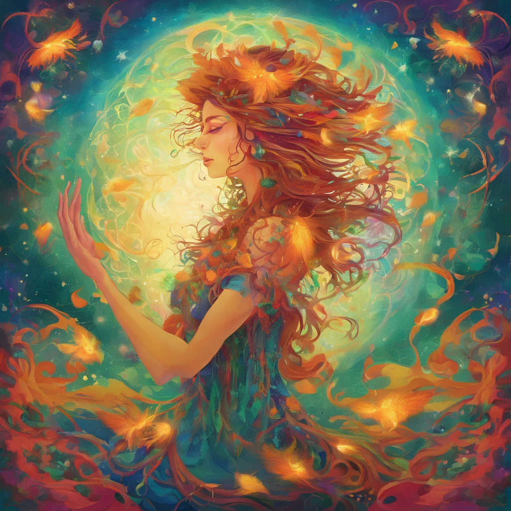 (magical,enchanted,ethereal)forest,witch queen,autumn colors,detailed leaves,floating magic orbs,spells casting,creatures,summoning,glowing,(mysterious,otherworldly) atmosphere,(powerful,commanding) presence,(beautiful,ethereal) queen,flowing robe,leaves and vines entwined hair,enchanted staff,spellbinding,translucent wings,flickering candlelight,moonlit sky,mystical aura,whispering winds,endless mist,enchanted creatures,crows and ravens,(mythical,fantastical)beings,dancing fireflies,sparkling fairy dust