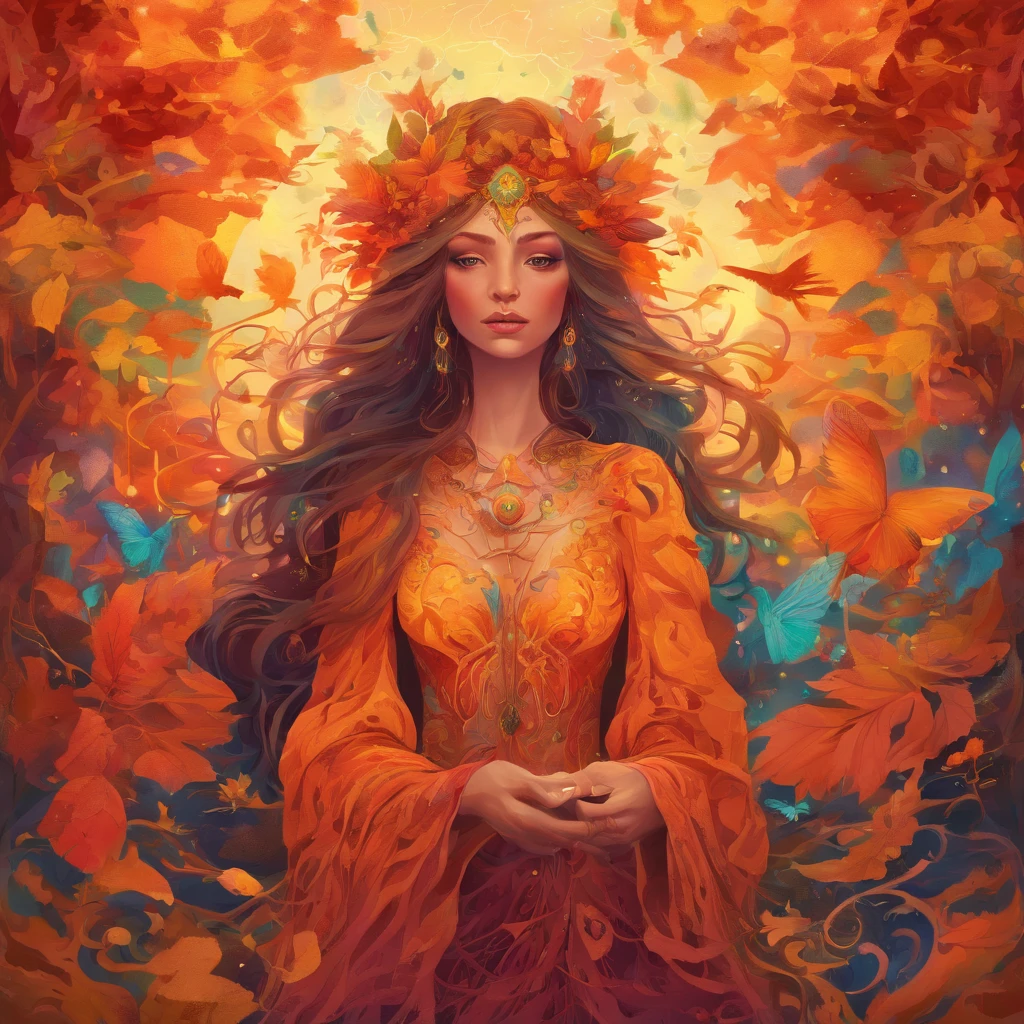 (magical,enchanted,ethereal)forest,witch queen,autumn colors,detailed leaves,floating magic orbs,spells casting,creatures,summoning,glowing,(mysterious,otherworldly) atmosphere,(powerful,commanding) presence,(beautiful,ethereal) queen,flowing robe,leaves and vines entwined hair,enchanted staff,spellbinding,translucent wings,flickering candlelight,moonlit sky,mystical aura,whispering winds,endless mist,enchanted creatures,crows and ravens,(mythical,fantastical)beings,dancing fireflies,sparkling fairy dust