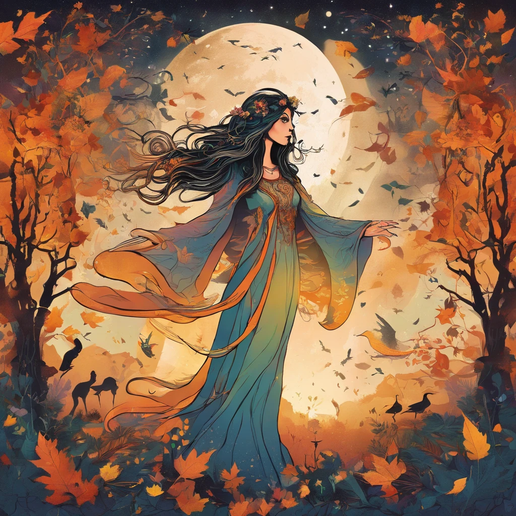 (magical,enchanted,ethereal)forest,witch queen,autumn colors,detailed leaves,floating magic orbs,spells casting,creatures,summoning,glowing,(mysterious,otherworldly) atmosphere,(powerful,commanding) presence,(beautiful,ethereal) queen,flowing robe,leaves and vines entwined hair,enchanted staff,spellbinding,translucent wings,flickering candlelight,moonlit sky,mystical aura,whispering winds,endless mist,enchanted creatures,crows and ravens,(mythical,fantastical)beings,dancing fireflies,sparkling fairy dust