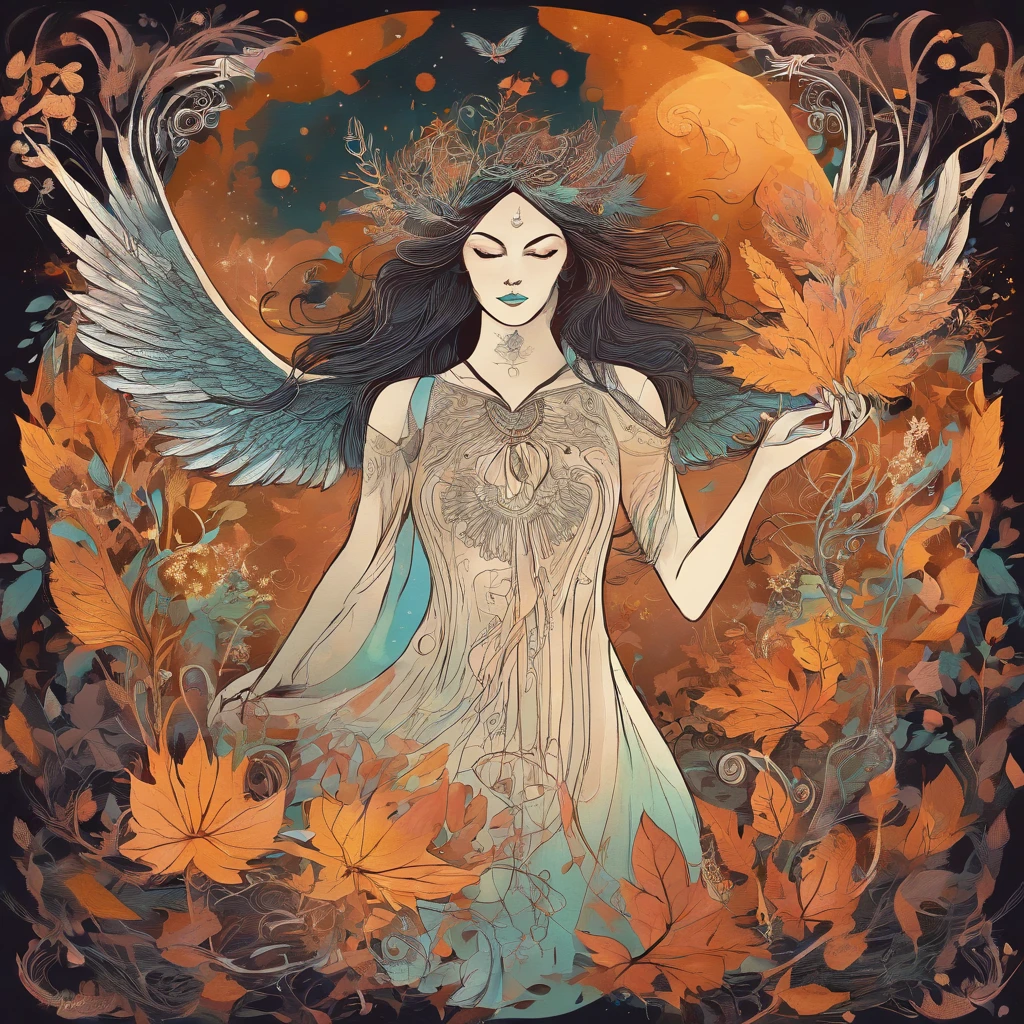 (magical,enchanted,ethereal)forest,witch queen,autumn colors,detailed leaves,floating magic orbs,spells casting,creatures,summoning,glowing,(mysterious,otherworldly) atmosphere,(powerful,commanding) presence,(beautiful,ethereal) queen,flowing robe,leaves and vines entwined hair,enchanted staff,spellbinding,translucent wings,flickering candlelight,moonlit sky,mystical aura,whispering winds,endless mist,enchanted creatures,crows and ravens,(mythical,fantastical)beings,dancing fireflies,sparkling fairy dust
