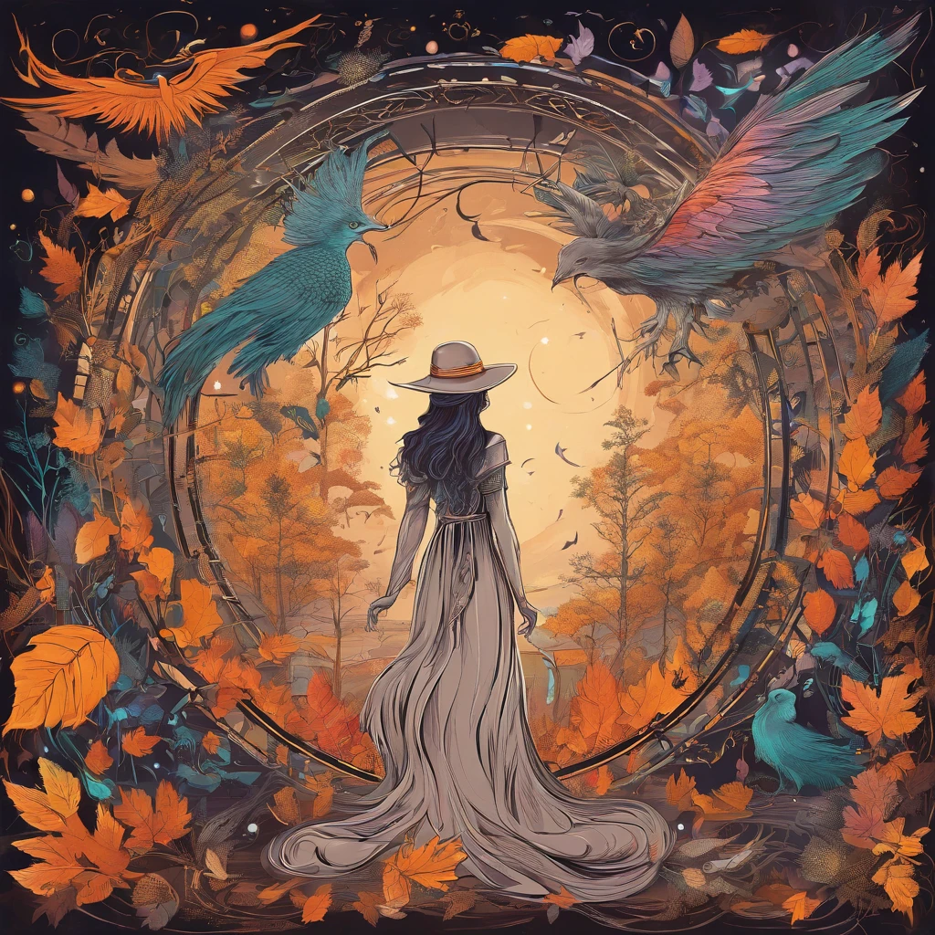 (magical,enchanted,ethereal)forest,witch queen,autumn colors,detailed leaves,floating magic orbs,spells casting,creatures,summoning,glowing,(mysterious,otherworldly) atmosphere,(powerful,commanding) presence,(beautiful,ethereal) queen,flowing robe,leaves and vines entwined hair,enchanted staff,spellbinding,translucent wings,flickering candlelight,moonlit sky,mystical aura,whispering winds,endless mist,enchanted creatures,crows and ravens,(mythical,fantastical)beings,dancing fireflies,sparkling fairy dust
