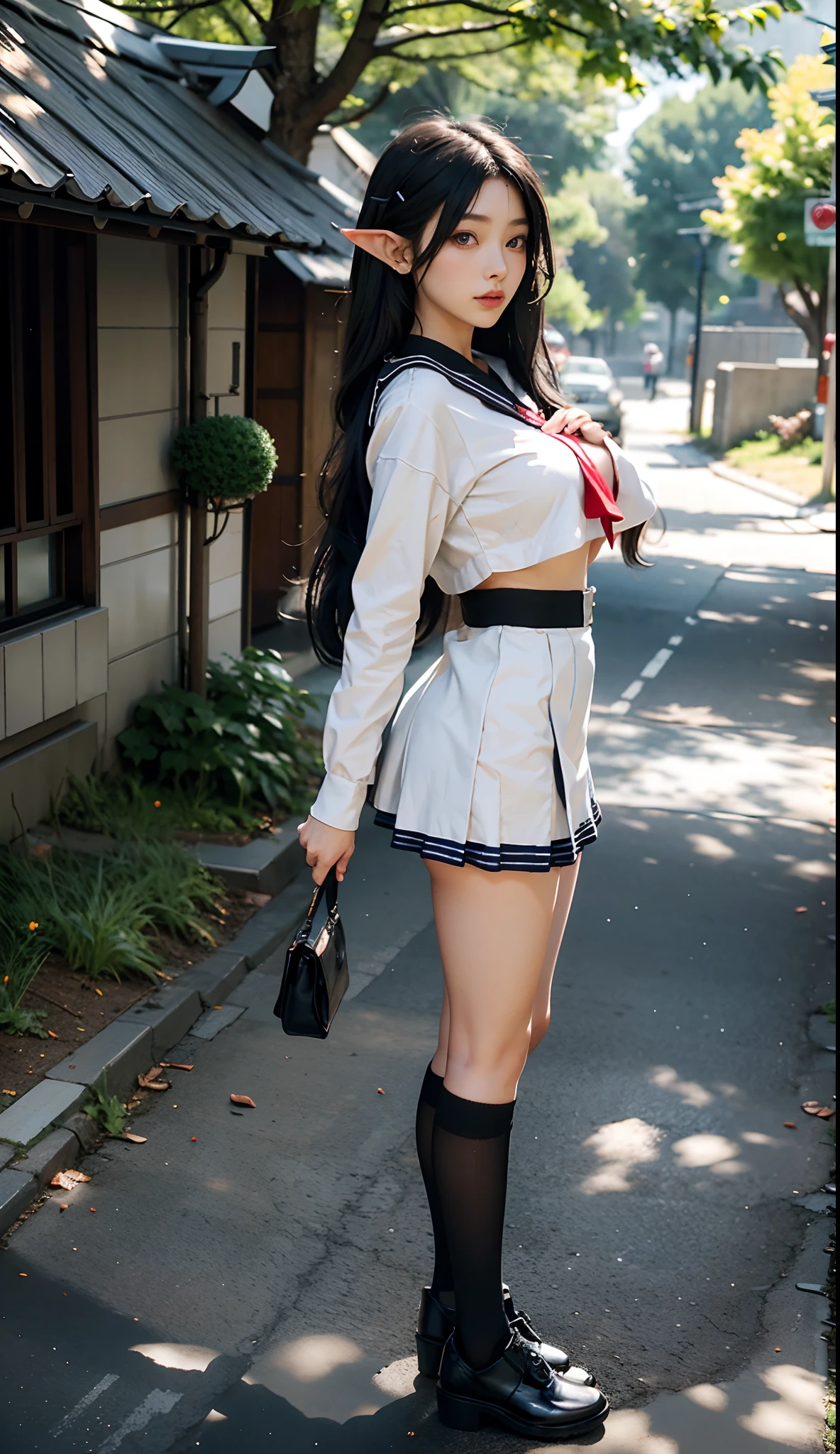 (Girl Standing On School Steps),1 girl,(Rear view)、(look back)、dark blue hair, bangs, long hair, sparkling eyes, long eyelashes, compensate, light smile, Depth of written boundary, one person&#39;perspective, close, from below, wide angle, f/1.8, 135mm, canon, nffsw, retina, table top, Accurate, anatomically correct, rough skin, Super detailed, advanced details, high quality, 最high quality, High resolution, 1080P, 4K, 8K,(学校の階段を上るFemale student),46ポイントの斜めbangs,Female student、((uniform: White blazer with emblem on the chest))、translucent white blouse、(red bow tie)、（( In bright colors,Check stripe)（）、laughter,((Skirt soars in the wind)),((White lace panties are visible))、