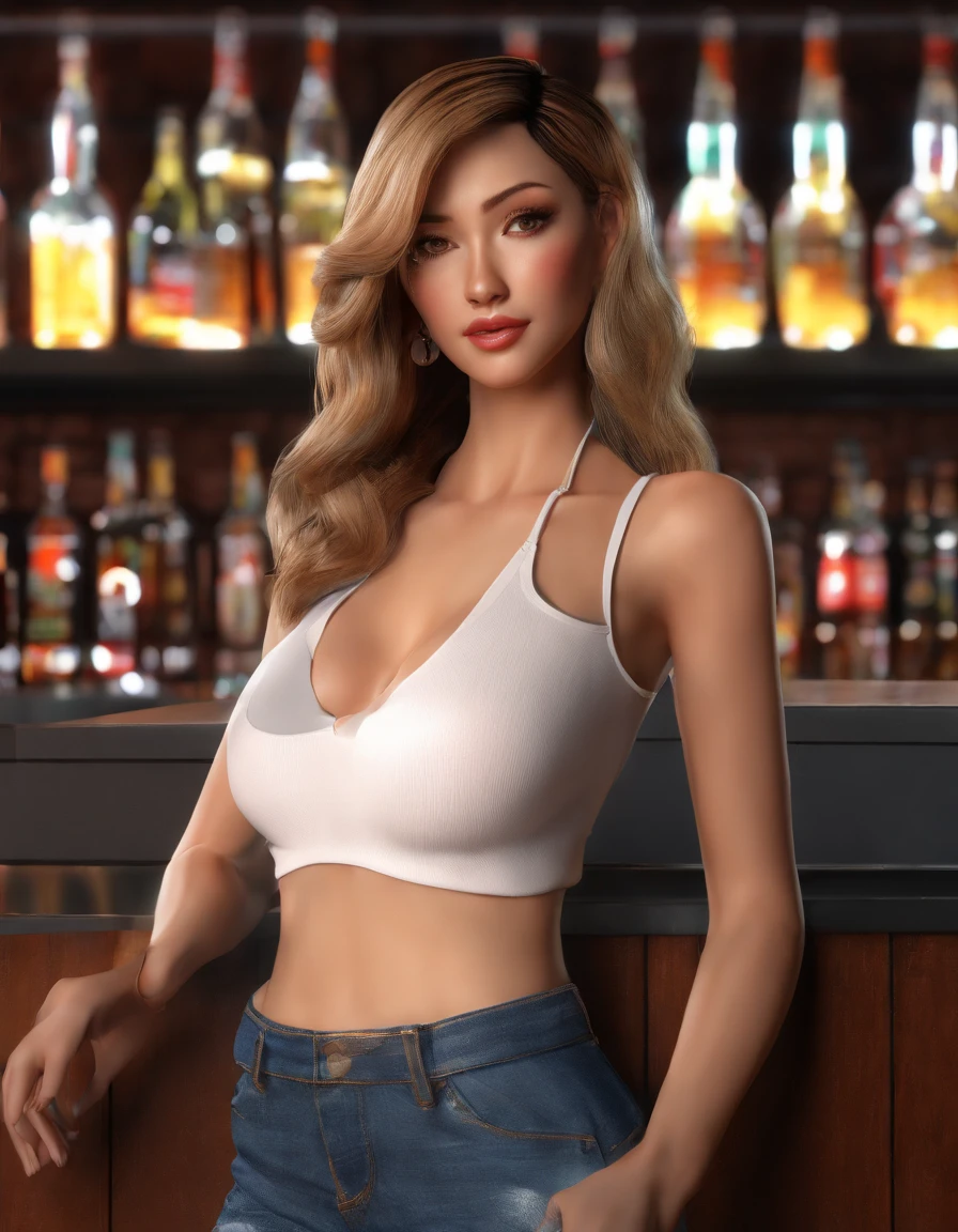 very realistic, a close-up of a woman in jeans standing in a dark bar, realism, wearing a sexy cropped top, wearing tight simple clothes, a sexy girl, with a perfect figure, perfect face, a 40-year-old female model.