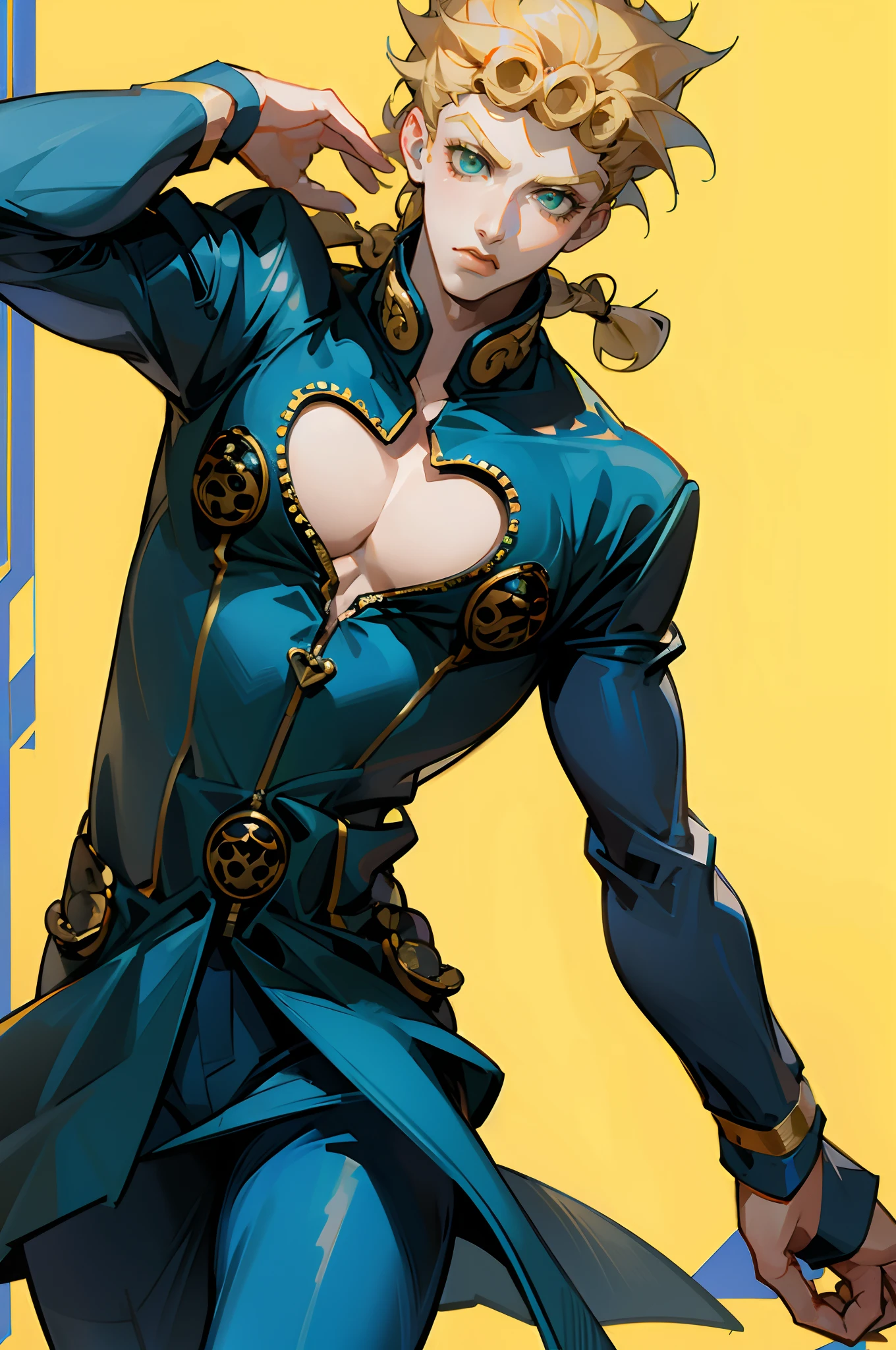 Giorno Giovanna, solo, green eyes, blonde hair, 1boy, braid, male focus, clothing cutout, cleavage cutout, pectorals, blue outfit, cowboy shot