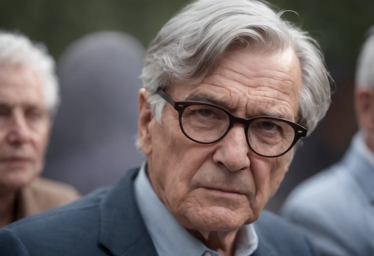 Older male, wrinkled, with glasses, suit, half-shot, angry, in the audience, single, gray hair