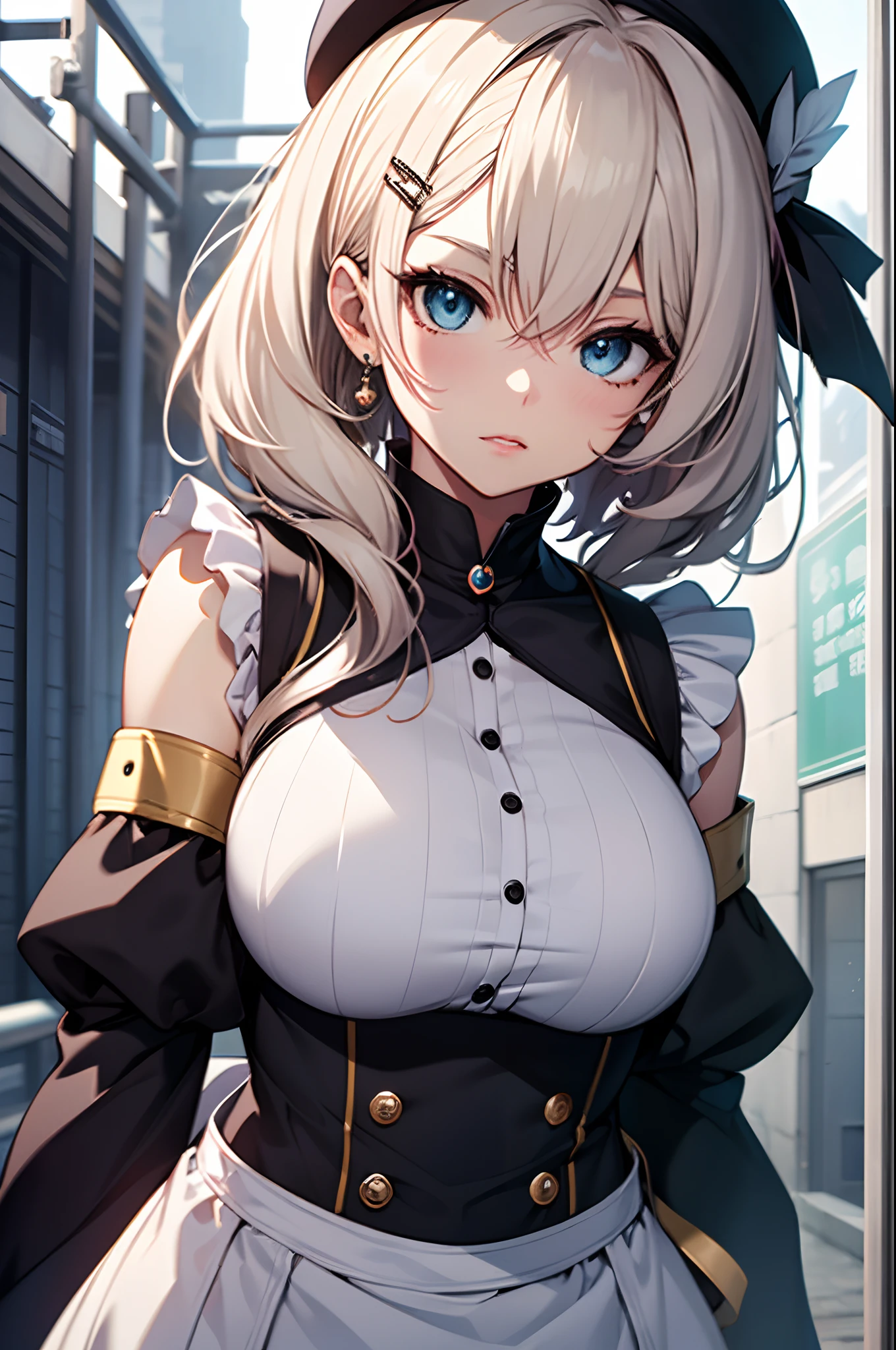 Curvaceous but slender、2 hair colors、Ash color、ornament detached、Maid Sailor、Separate Wear、apron、frilld、a sailor suit、maid clothes、Niso、accessorized、shairband、Muchimuchi Body、well-muscled、mole、hair adornments、shairband、Hats、Distinctive charm points、Eyebrows、Sareme、poneyTail、Muscular nose、red blush、offensive、sadist、Weapon keeping、plump lips、Physical beauty、disheveled hair、Unique fashion、Depiction in motion、Healing space、soft sunlight、Combining Light and Shadow、(top-quality、hight resolution、8k、masterpiece:1.2)。complex details beautiful and delicate eyes, anime girl with long white hair and blue eyes posing for a picture, Smooth Anime CG Art, Detailed Digital Anime Art, official artwork, pixiv style, Detailed anime artwork, artbook artwork, Seductive Anime Girl