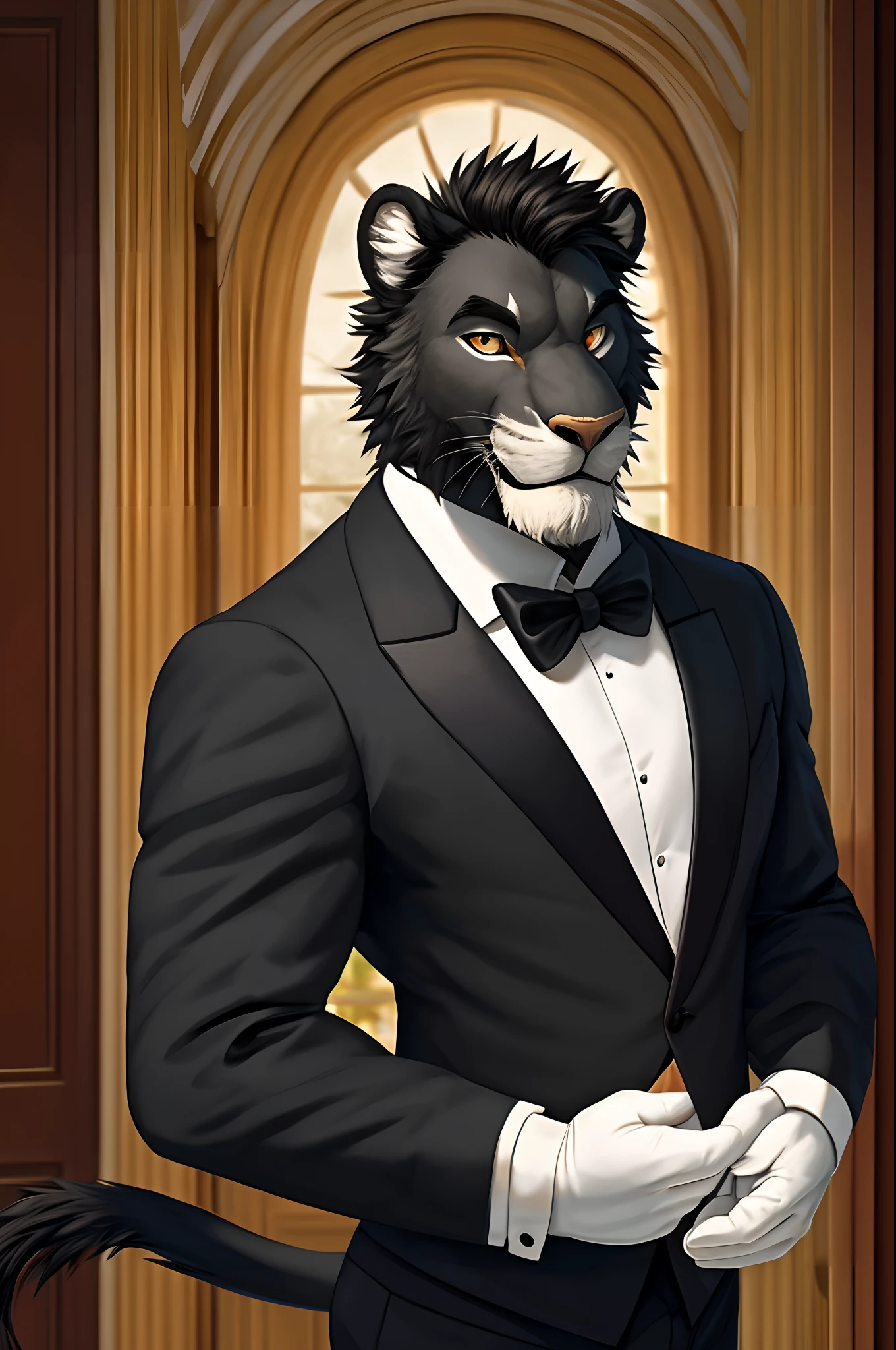 masterpiece, best quality, highres, 1male, solo, lion male, furry, black tuxedo, white formal gloves, smile, butler,