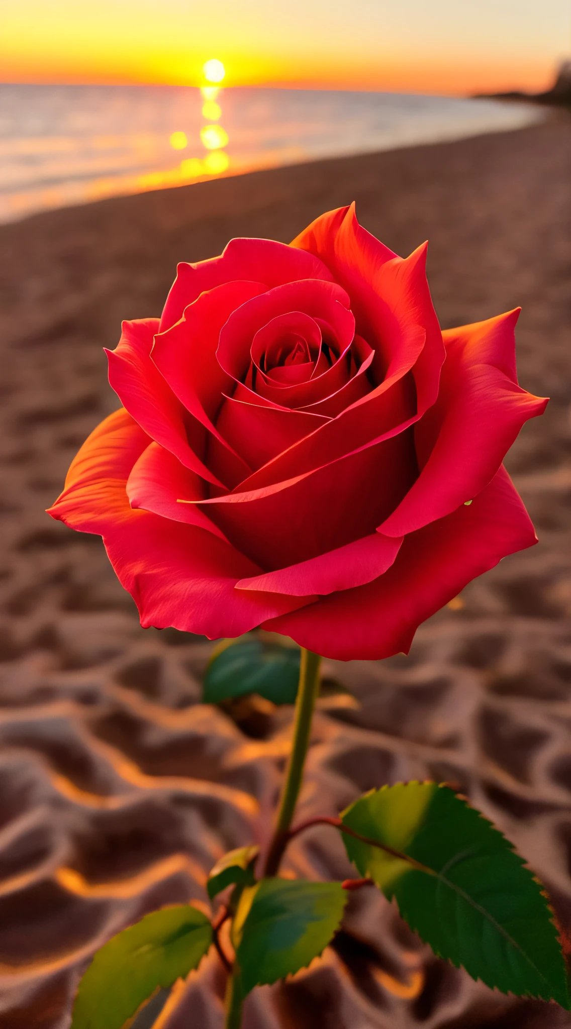 Close-up shot, a rose flower, the background is the gorgeous sunset by the sea, real texture, warm