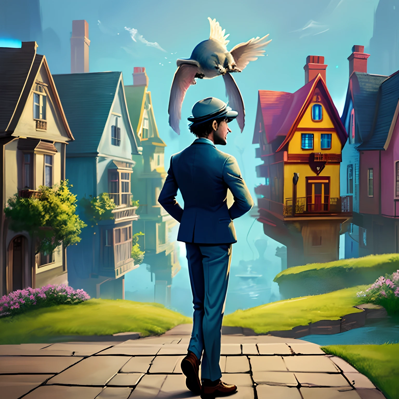 Create an enchanting illustration of a real estate agent in a world where houses are living beings. This agent has a special bond with these sentient homes, helping them find their perfect owners. Depict the agent standing amidst a charming neighborhood of animated houses, each with its own unique personality. Capture the whimsy and wonder of this magical real estate guy world in your artwork." Inspired by Ivan Clark Lonely Dog