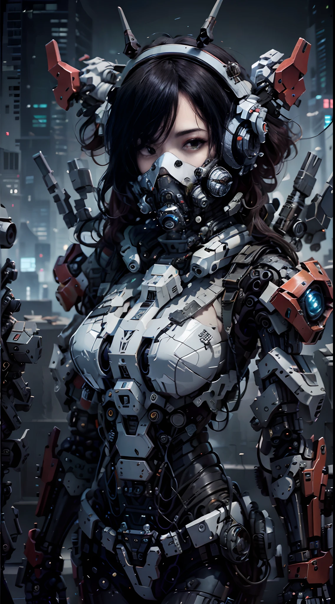 This is a hyper-detail、High resolution and top quality CG Unity 8k wallpaper,full body shot shot,The style is cyberpunk,Mainly red。A woman with short white and messy hair appears in the picture,s delicate face,Heteropupil,Wearing a steam mech mask,standing on ruins,Behind him is a huge robot,The action of a man holding a heavy sniper rifle in his hand