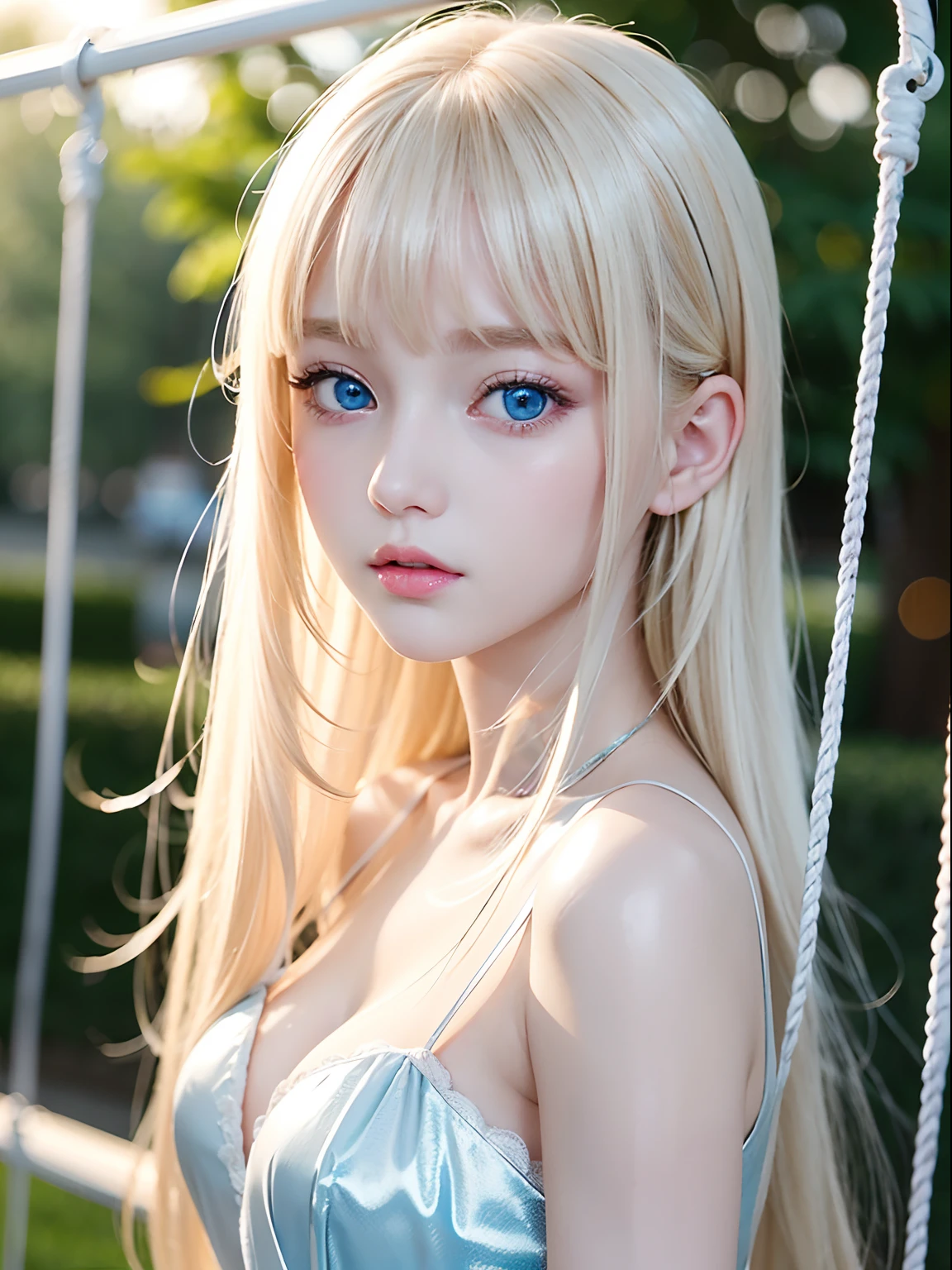 Very cute and beautiful face with sexy shiny、Glossy and very white beautiful skin、very beautiful glowing big pale blue eyes、silky soft pale blonde hair with a very long and beautiful golden sheen,,,,,、Swing bangs、 cute beautiful girl with very young face、large and transparent double eyelids、Round face、Adorable appearance