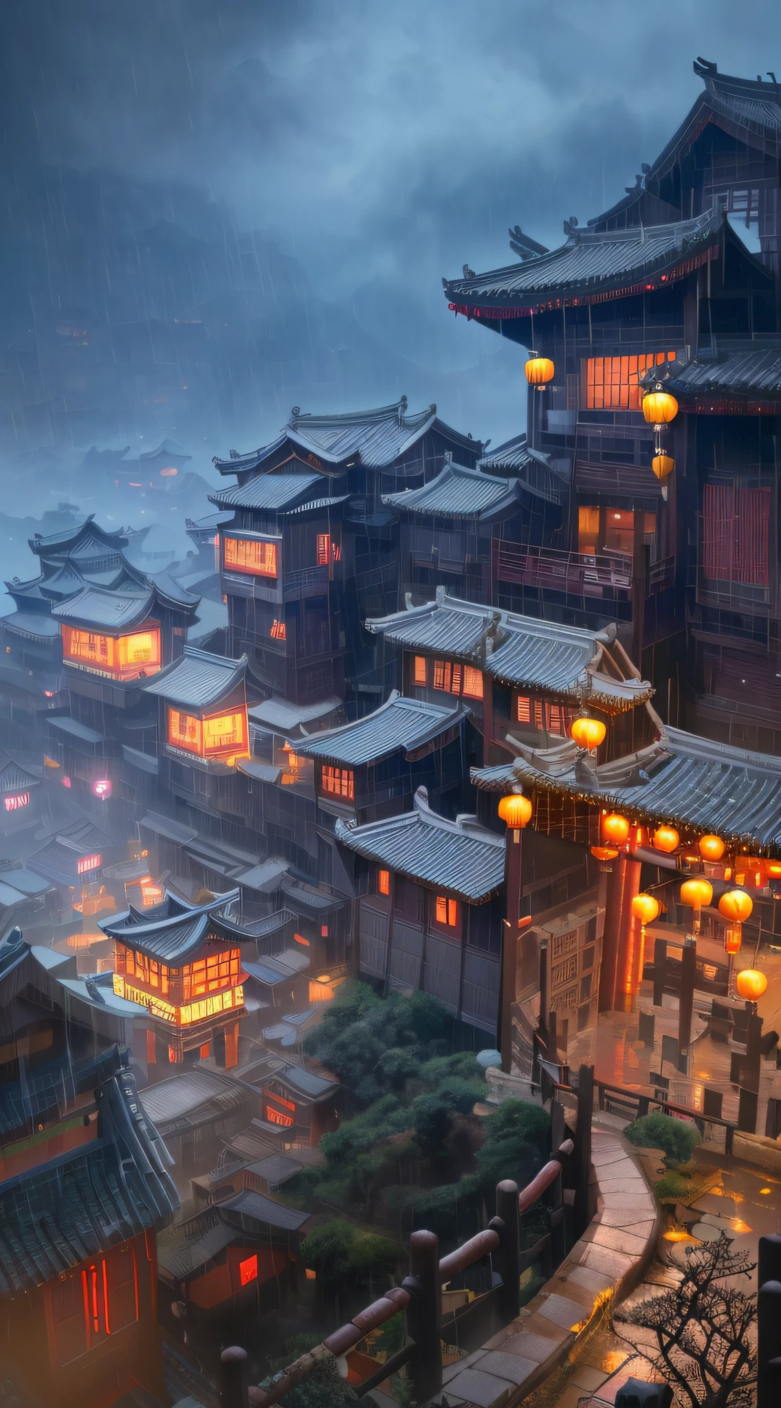 arafed view of a village with lots of lights on buildings, dreamy chinese town, chinese village, amazing wallpaper, surreal photo of a small town, old asian village, raymond han, rainy night, cyberpunk chinese ancient castle, beautifully lit building, evening in the rain, beautiful and aesthetic, photography, film, 8k, high detail ((heavy rain)))