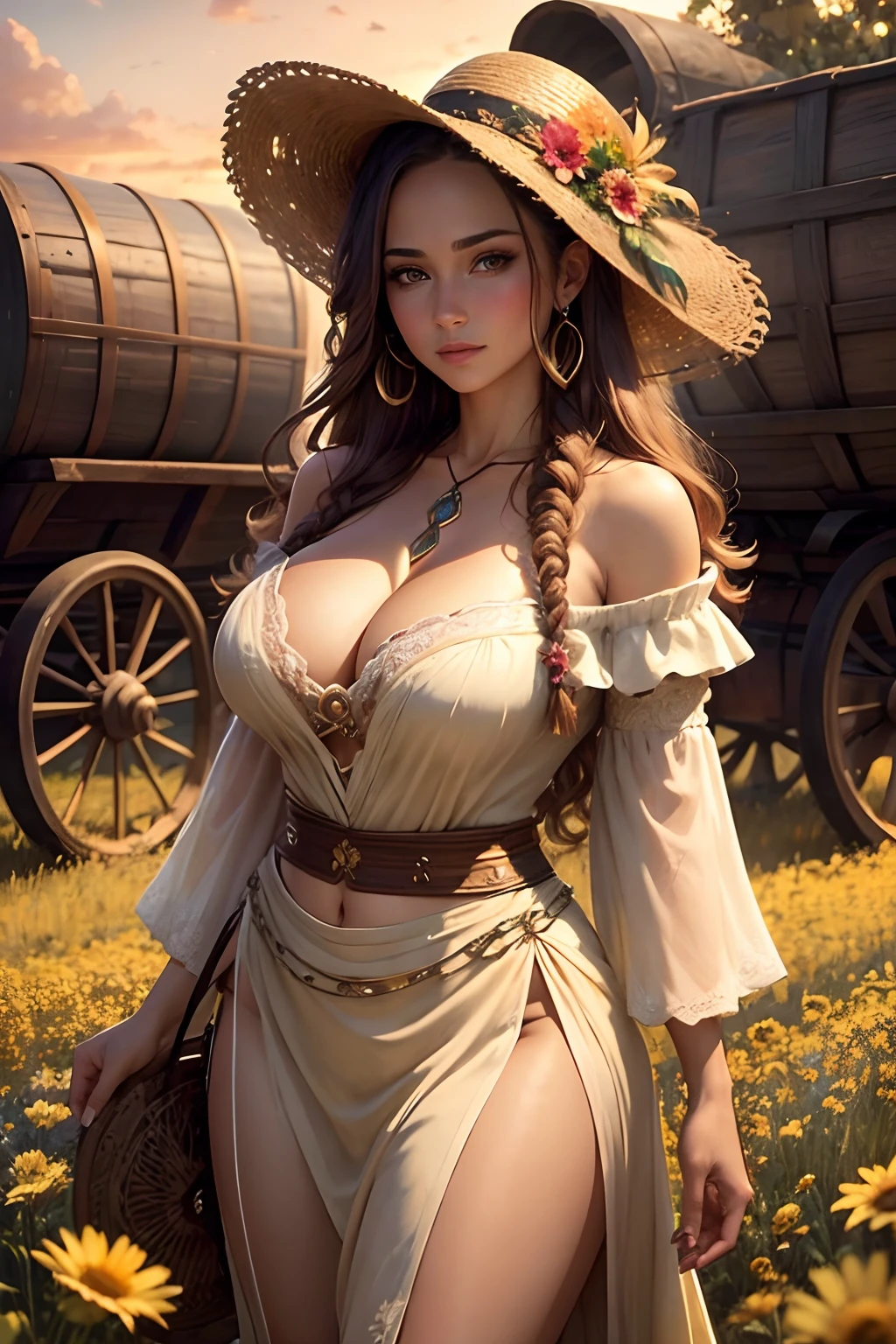 (masterpiece:1.2), (best quality:1.2), perfect lighting, busty gipsy woman on a flower field, wagon in the background, boho chic style clothes, feathers, cleavage, sunset, golden hour