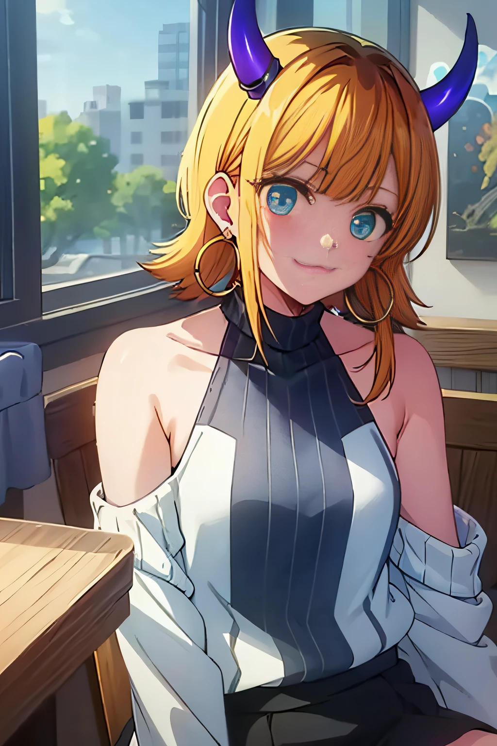 masterpiece, hightquality, Hi-Res, MEMcho, Indoors, cowboy shot, Black skirt, The shirt, off shoulders, off-the-shoulder sweater, (Light blue sweater:1.2), (small horn), (:3:1.2), sleeveless shirts, High Neck Sleeveless Shirt, Black shirt, Sweaters, Sweater sleeve wrist too much, sitting on, hoop earrings,Anime