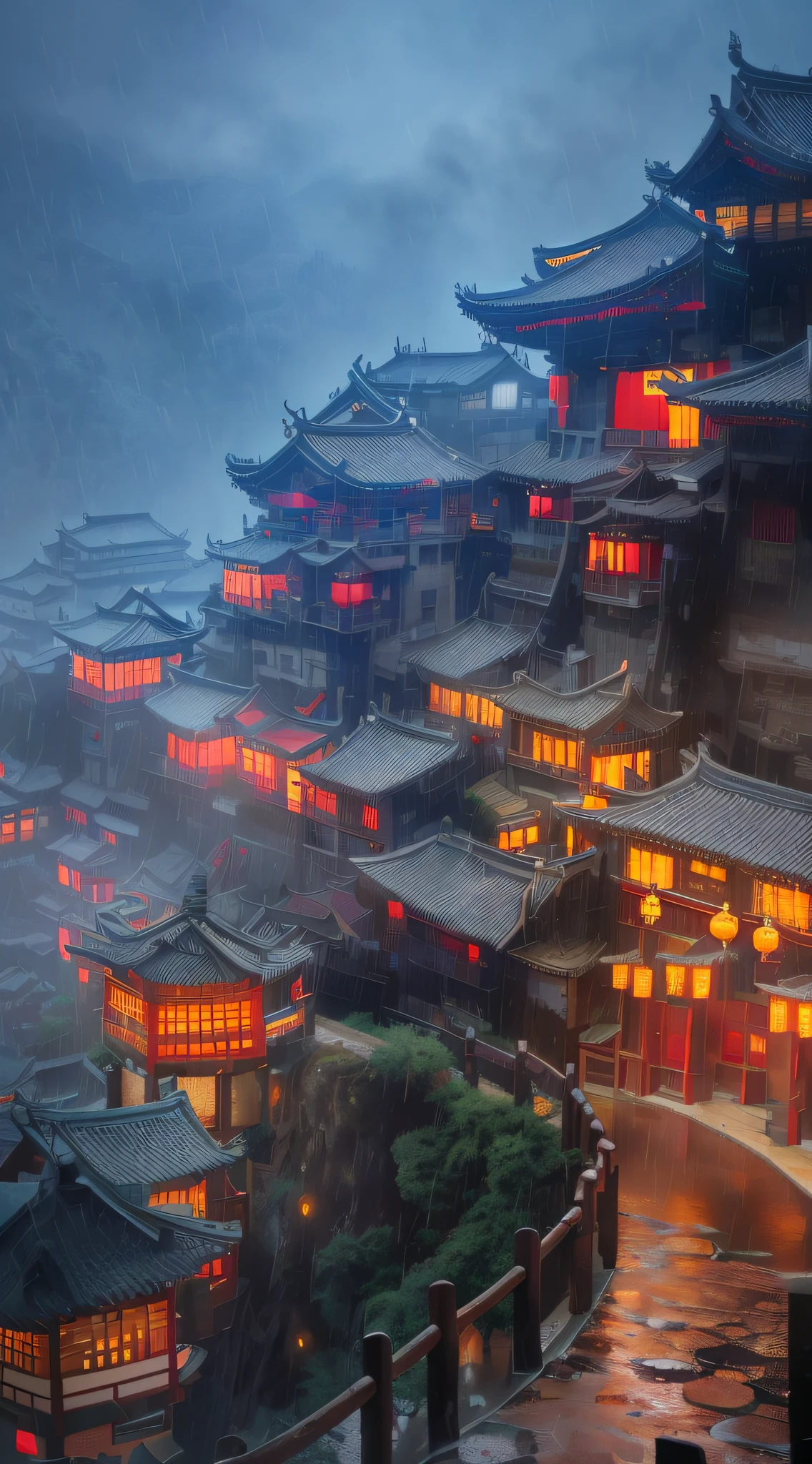 arafed view of a village with lots of lights on buildings, dreamy chinese town, chinese village, amazing wallpaper, surreal photo of a small town, old asian village, raymond han, rainy night, cyberpunk chinese ancient castle, beautifully lit building, evening in the rain, beautiful and aesthetic, photography, film, 8k, high detail ((heavy rain)))