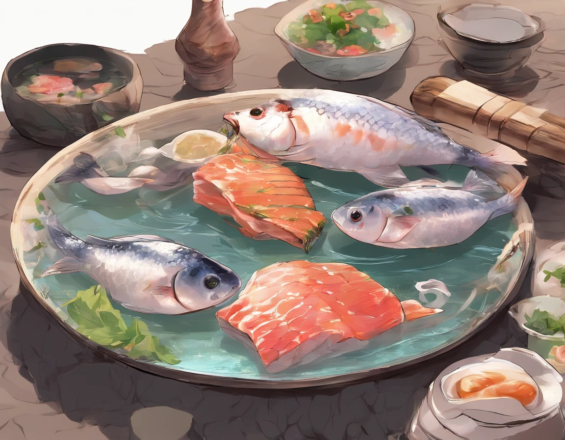 This is a picture showing the characteristic products of the Poyang Lake area，These include the deliciousness of Poyang Lake bluewater fish and the unique flavor of sake lees。The blue water fish in the picture swim on a green background，Its meat is tender and delicious、Delicious taste，Sake lees fish, on the other hand, is made with koji as the main ingredient，The palate is unique and has a rich aroma。The two cuisines complement each other，Mouthwatering，Feel the charm of nature and the wonderful atmosphere of deliciousness。Top quality, Photorealistic, 8K, High definition