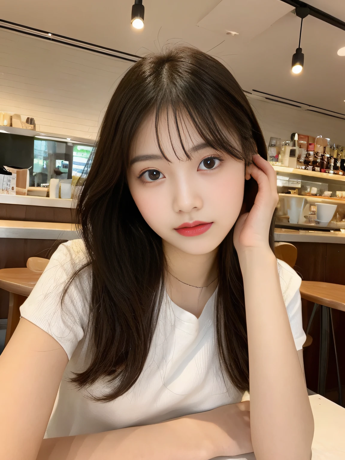 young Asian 20 year old woman , delicate face,sharp eyes, heart shape lips innocent look, sitting in in cafe, young korean woman
