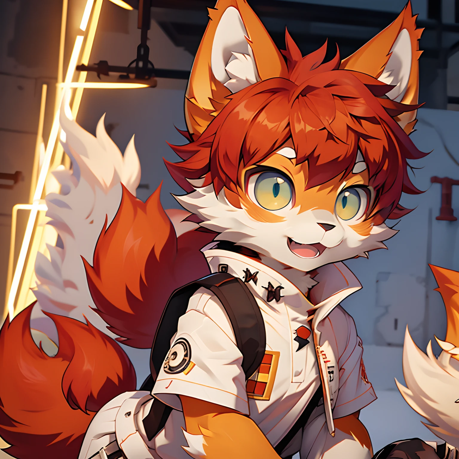 eyes with brightness,Furry,Furry,Bust photo of the character,Q version,头像框, Character focus,独奏, shaggy, Furry fox, White fur for women, Squinted eyes,clawed paws,Claws,Red hair, style,Little cute, Sell moe,White T blood,black long pants,Machinary