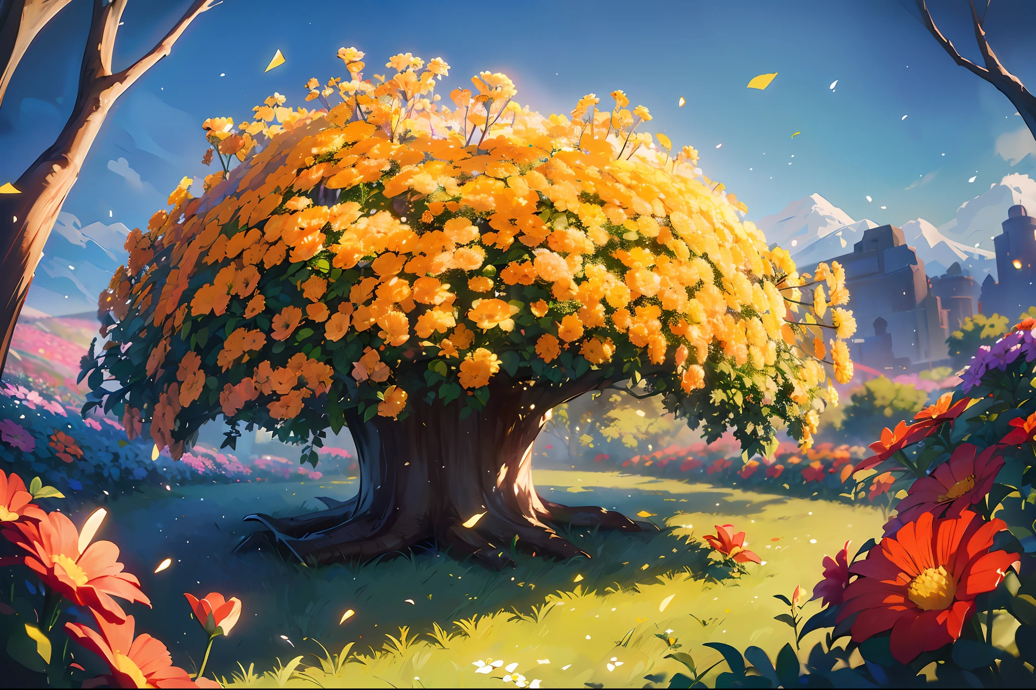 (best quality, 8K, masterpiece, ultra detailed:1.2), cinematic angle, flower garden, light particles