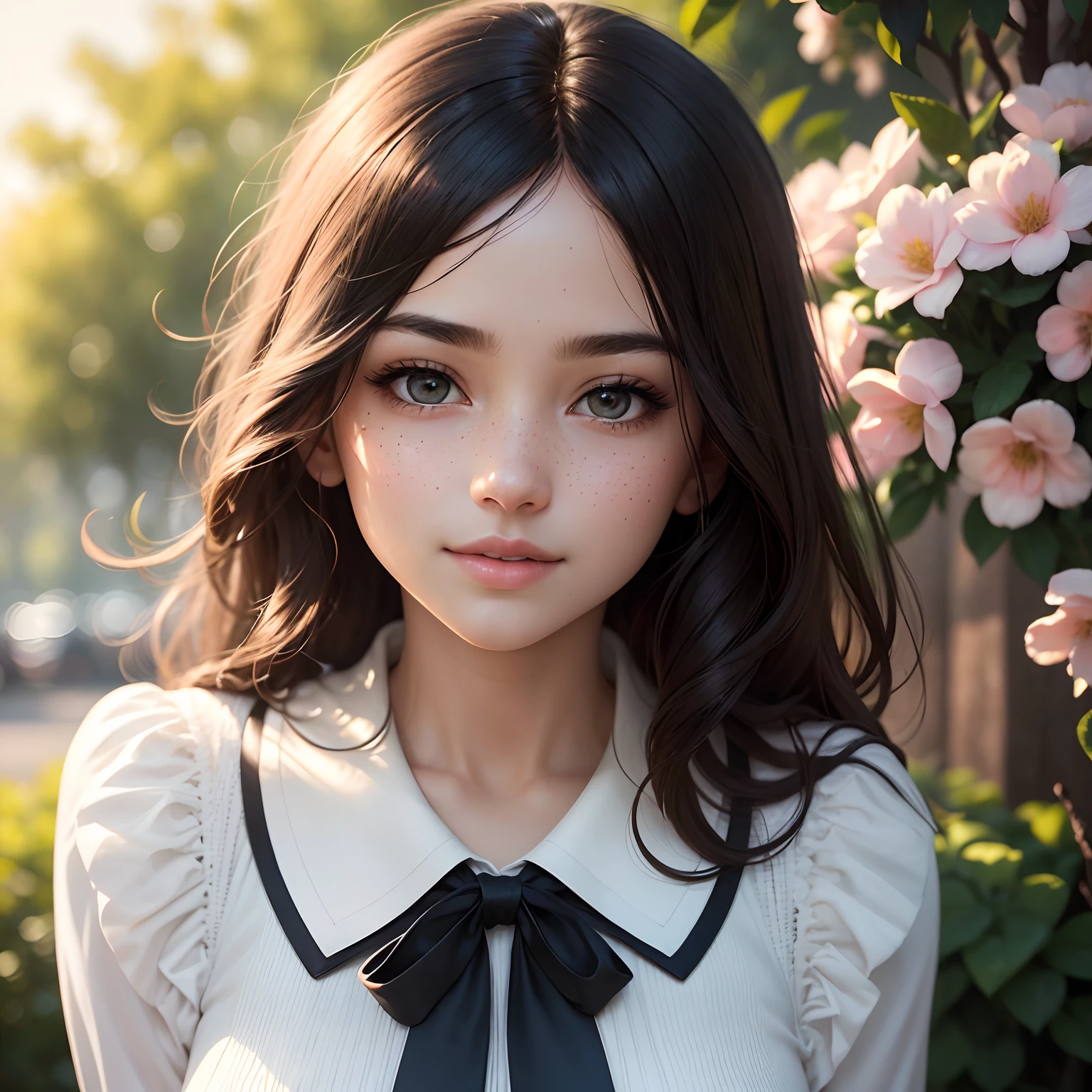(high quality,realistic),detailed eyes,lips,(best quality,4k,8k,highres,masterpiece:1.2),ultra-detailed,(realistic,photorealistic,photo-realistic:1.37),vibrant colors,(portrait:1.1),soft lighting,pleasant background silhouette,a girl standing in the foreground facing the viewer,posing confidently,black eyes with intricate details and shimmering reflections,beautifully styled hair cascading down her shoulders,delicately lined lips,wearing a school uniform with crisp lines and elegant details,a white blouse with a neatly tied ribbon,a pleated skirt with precise folds and a sense of movement,shapely legs and polished shoes,engaging expression,charming smile with slight dimples,a calm and inviting gaze that captivates the viewer,subtle blush on her cheeks,subtle freckles on her nose and cheeks,slight breeze ruffling her hair,soft natural lighting casting a gentle glow on her face,soft shadows adding depth and dimension to her features,colorful flowers in the background,creating a sense of tranquility and beauty,a peaceful garden setting with green foliage and blooming flowers,teasing sunlight filtering through the trees,illuminating the scene with a warm and inviting atmosphere,a touch of bokeh effect to add a dreamy and magical ambiance,bringing the portrait to life.