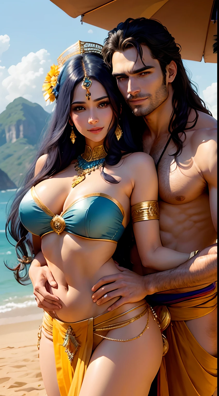 A couple in embrace, looking at each other, Man- Henry Cavill, tall, handsome, long hair, a peacock feather in his hair on head, blue skin tone, robust, shirtless, wearing gold ornaments, wearing a yellow silk dhoti, smiling, a large flute in his hand, woman - Sunny Leone, young, beautiful, large breasts, wearing white strapless bra and a blue sarong, wearing gold ornaments, bindi, bangles, waist chain, braided hair, upper body, closeup, smiling, standing on a mountain