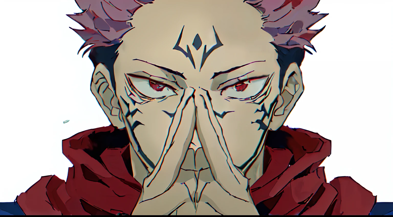 1man with pink and black hair, dramatic pose hands, wearing a red scarf and dark blue jacket, tatto on his face