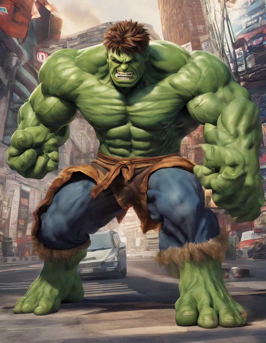 Full body view of the Hulk and Super Saiyan combo，tmasterpiece，high detal，best qualtiy，A high resolution，16k，in a panoramic view，hyper HD：： --v 5