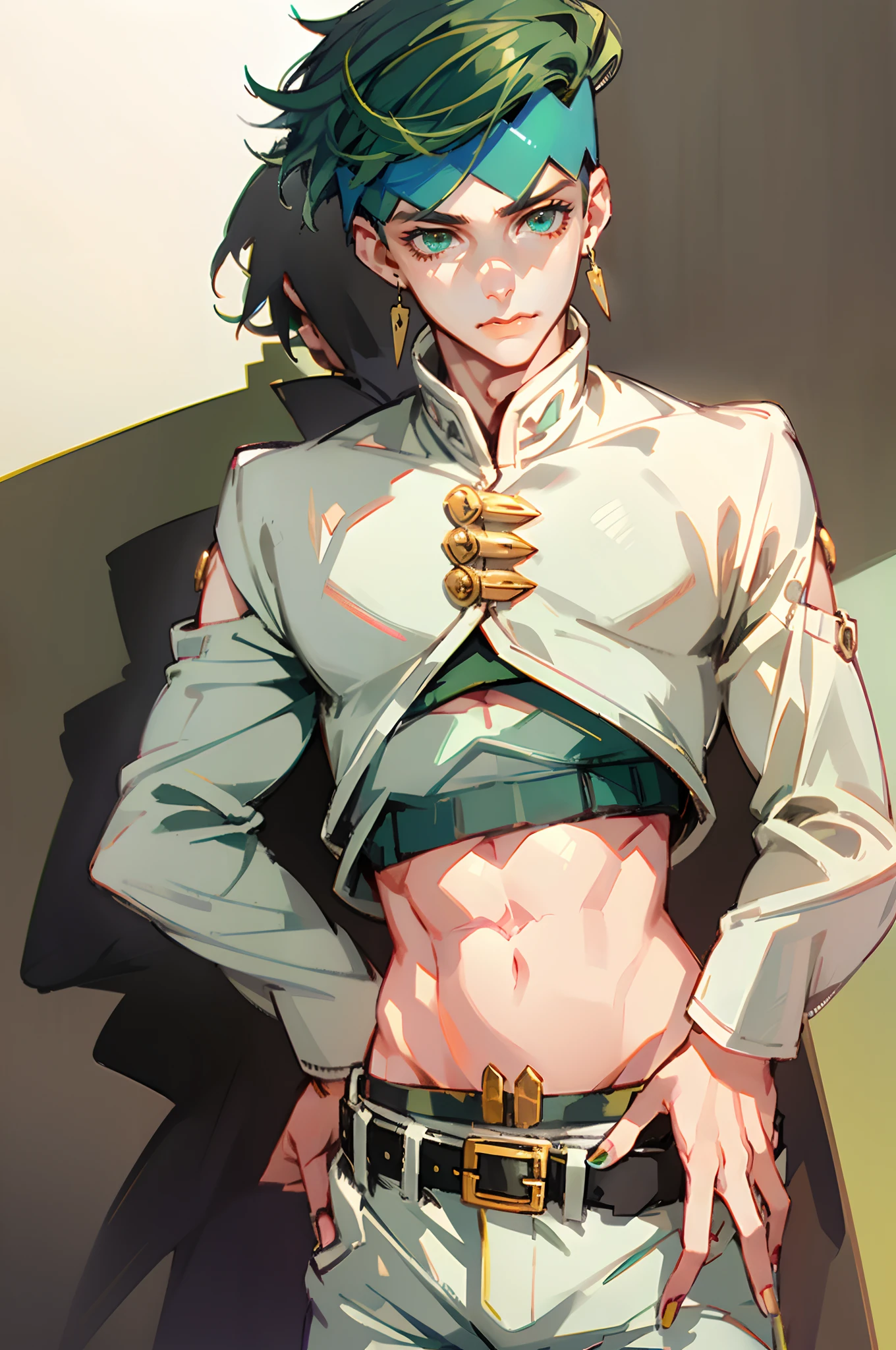 Rohan Kishibe, green hair, short hair, solo, 1boy, jewelry, green eyes, male focus, earrings, midriff, nail polish, headband, cowboy shot