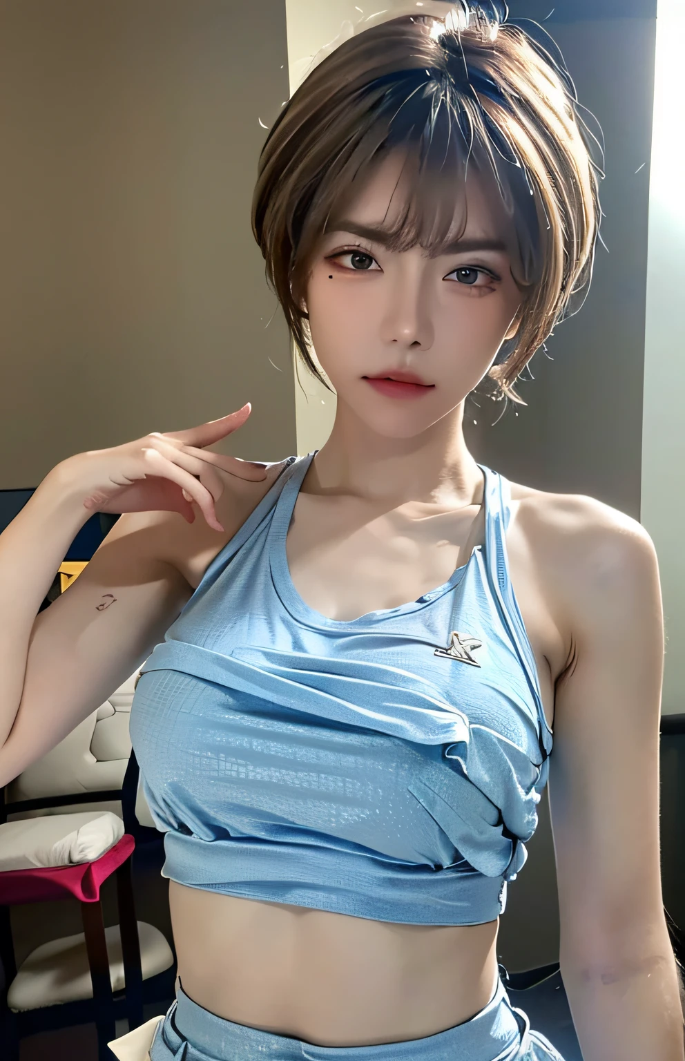 ((Best quality, 8k, Masterpiece :1.3)), Sharp focus :1.2, A pretty woman with perfect figure :1.4, Slender abs :1.2, ((Layered haircut, Big breasts :1.2)), (Tank top shirt :1.1), (Street :1.2), Highly detailed face and skin texture, Detailed eyes, Double eyelid