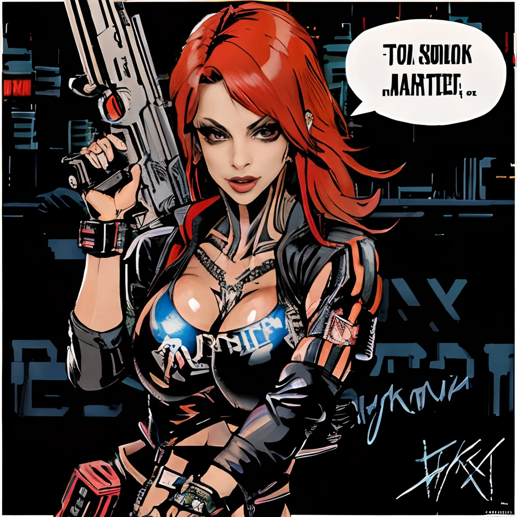 a woman katopunk in a black outfit holding a gun, cyberpunk angry gorgeous, redhead female cyberpunk, punk art, heavy metal art style, holding raygun