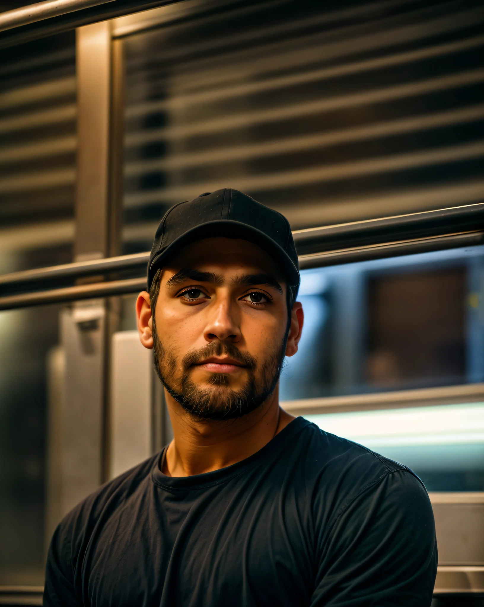 Foto RAW, fotografia, fotorrealista, foto RAW ousada de um homem de 25 anos com um olhar tenso, Observador, avoado e expressivo, inside a seated subway, vestindo um moletom preto com capuz. ele tem um olhar intenso, olhos bem detalhados e luminosos, pele detalhada, barba grande e volumosa, (com olheiras altamente detalhadas: 1.1), Olhos Finos e azuis. The photo is taken on a professional camera with a shallow depth of field, creating a natural and raw feel. The lighting is soft and adds to the mysterious atmosphere of the scene. The image is highly detailed, cinematografic, noite, luzes noturna