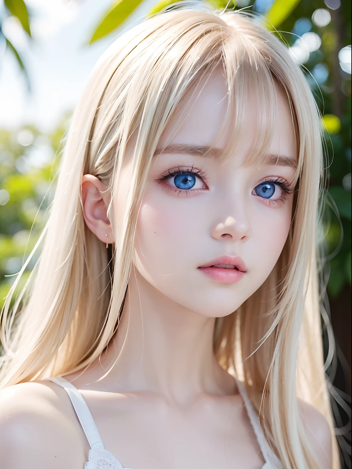 Very cute and beautiful face with sexy shiny、Glossy and very white beautiful skin、very beautiful glowing big pale blue eyes、silky soft pale blonde hair with a very long and beautiful golden sheen,,,,,、Swing bangs、 cute beautiful girl with very young face、large and transparent double eyelids、Round face、Adorable appearance