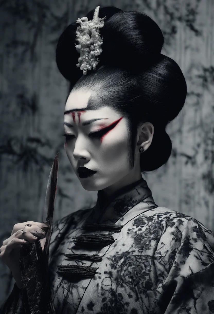traditional japanese geisha skinhead, hairpunk, fashion shoot editorial style, Hypebeast ultra fast fashion gang signs