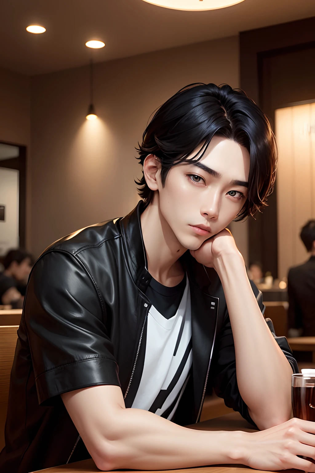 hightquality、Man in T-shirt and black jacket sits in fashionable café、Black hair center parting、Short hair、Similar to actor Lee Jung Shin、He has the shape of an elongated head、Men with a classy atmosphere、Masculine but clean face