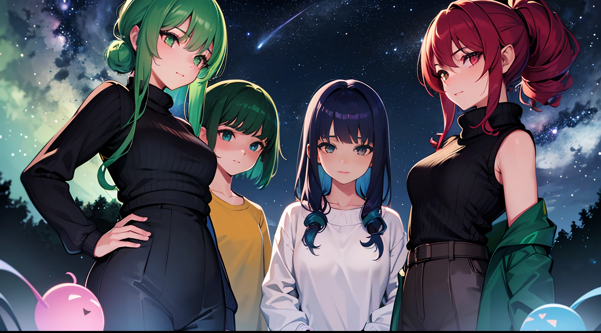 masterpiece, lots of detail, 4k, 8k, ((ultra-detailed)), highres, soft lighting, 3girls, sweater, looking up, stargazing, night, galaxy, {red hair|green hair|black hair|blue hair}, {ponytail|short hair|long hair|curly hair}