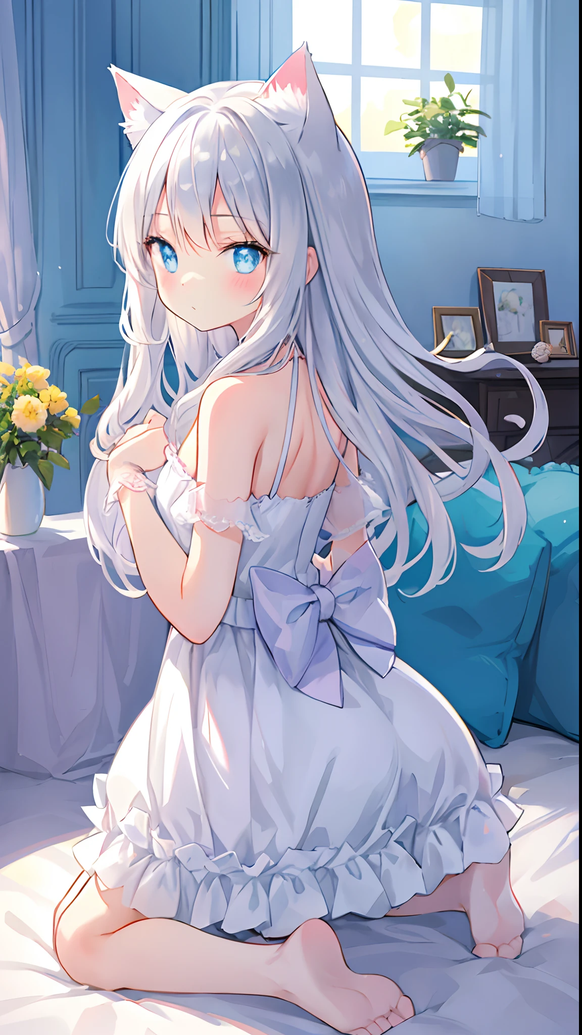 Beautiful illustration, of the highest quality, Cute Girl, Bedroom, Pastel colors, fluffy cat ears, Petite, Long silver hair, Kneel down and look back, Cat posing staring at camera, Bright lighting, bright light blue eyes