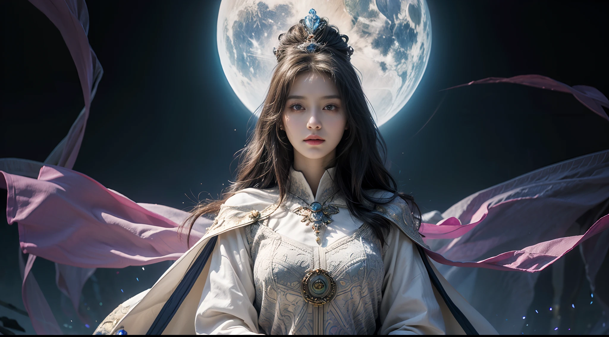 tmasterpiece,top-quality,best qualityer,((photorealestic:1.9)),(femele:1.4),(Large breasts),female mage,Mage robes,complex patterns,The background is the castle,dramatics,(magia:1.8),(Glowing scepter:1.5),Mysterious symbol