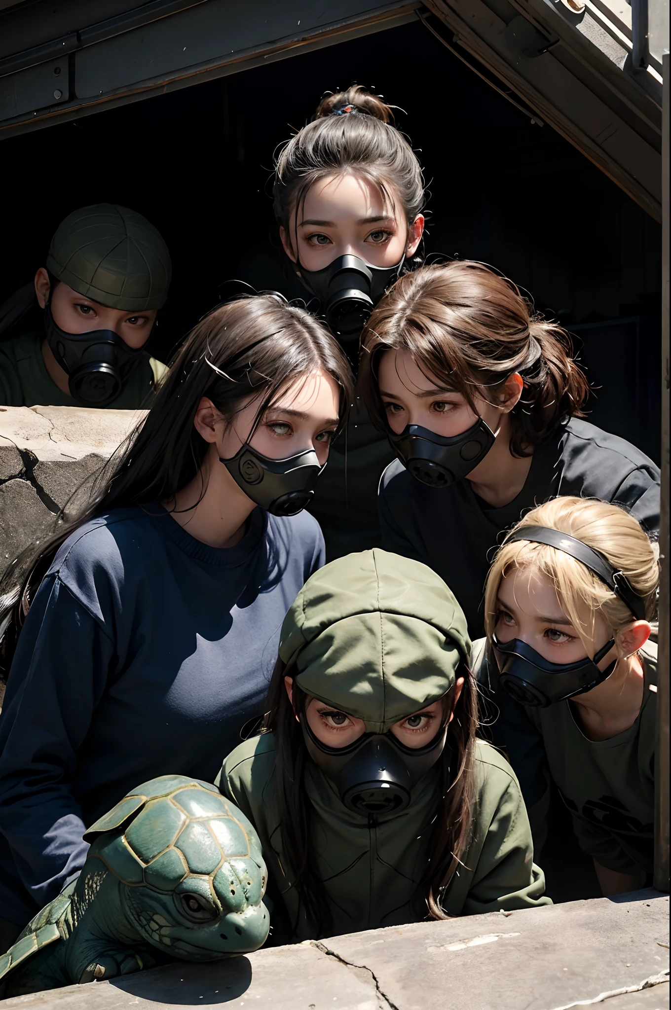 A group of turtles wearing gas masks，Living in the garbage，（High top fade in and out：1.3），dark themes，soothing tones，pastelcolor，hight contrast，（Natural skin texture，ultra-realistic realism，the soft light，sharp）
