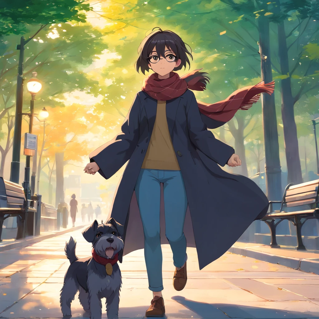 Master Parts, schnauzer, matrix style, Black coat, Take a walk in the park, Walk on the sidewalk with a scarf on your head, Lunette de soleil, Dynamic Angle, top-quality, 4K,