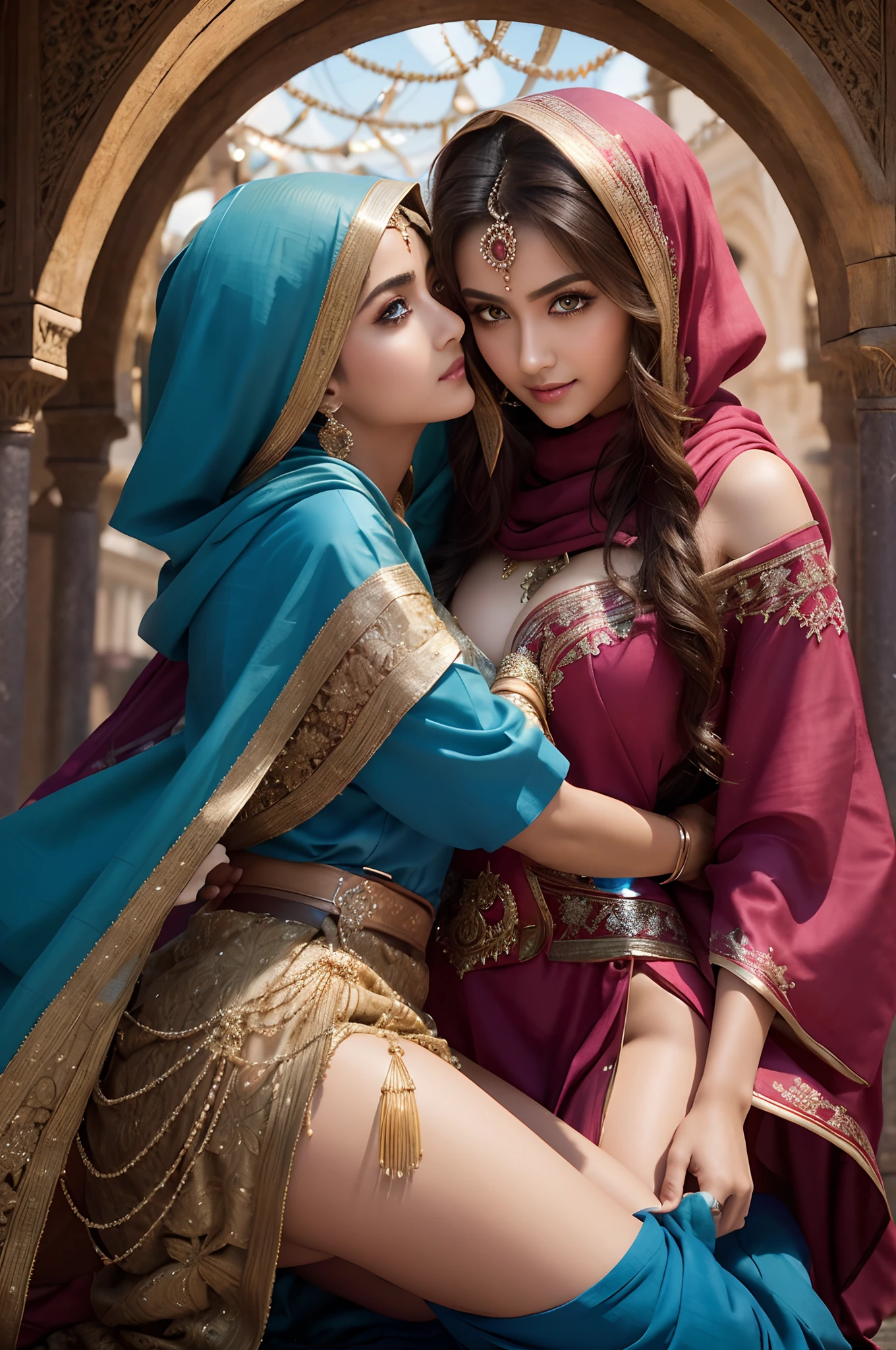 2 girls kneeling,duo,top-quality、Extremely Delicately Beautiful、(Strange blue and red eyes)、arabian clothes 、silber hair、femele、(（Brown skin）),Front lens,（Close-up Shot Shot：1.6），best qualtiy，f / 1 HD photography T bokeh，Depth of field macro,