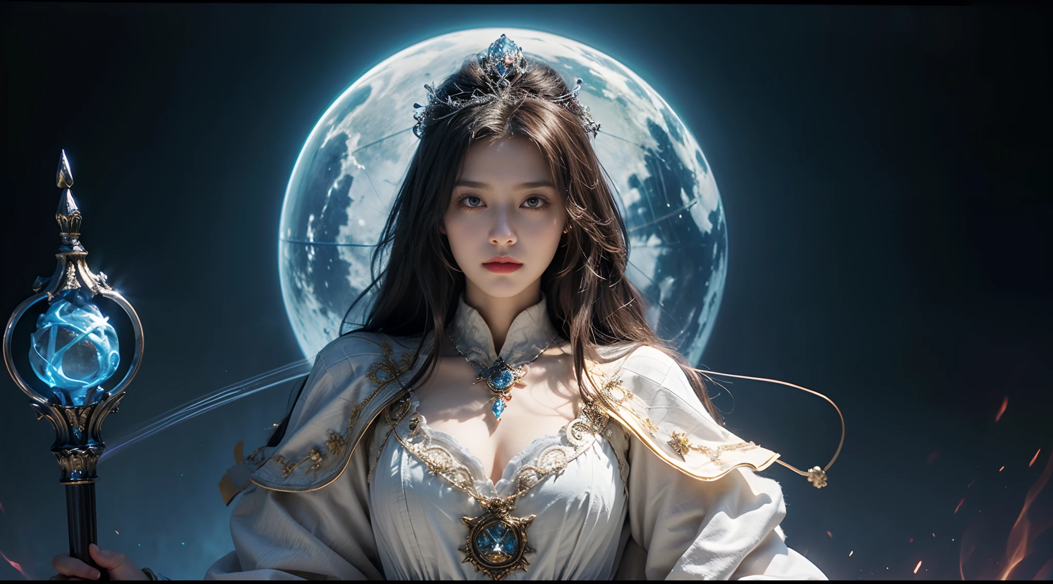 tmasterpiece,top-quality,best qualityer,((photorealestic:1.9)),(femele:1.4),(Large breasts),female mage,Mage robes,complex patterns,The background is the castle,dramatics,(magia:1.8),(Glowing scepter:1.5),Mysterious symbol